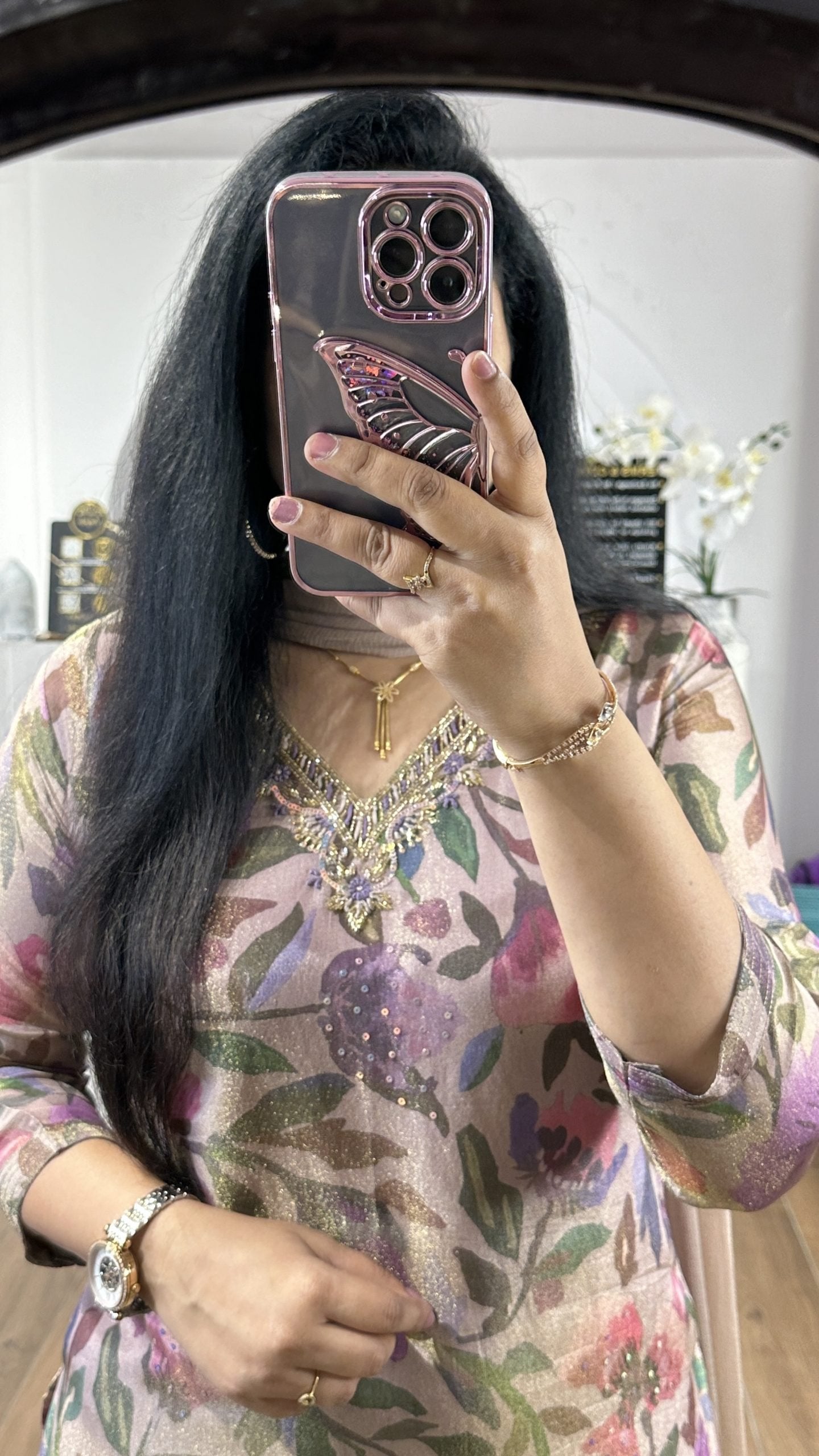 Beige Tissue V Neck Kurti