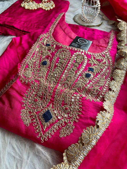 “AASHVI” Dola Silk Zardosi Embroidered Suit Set