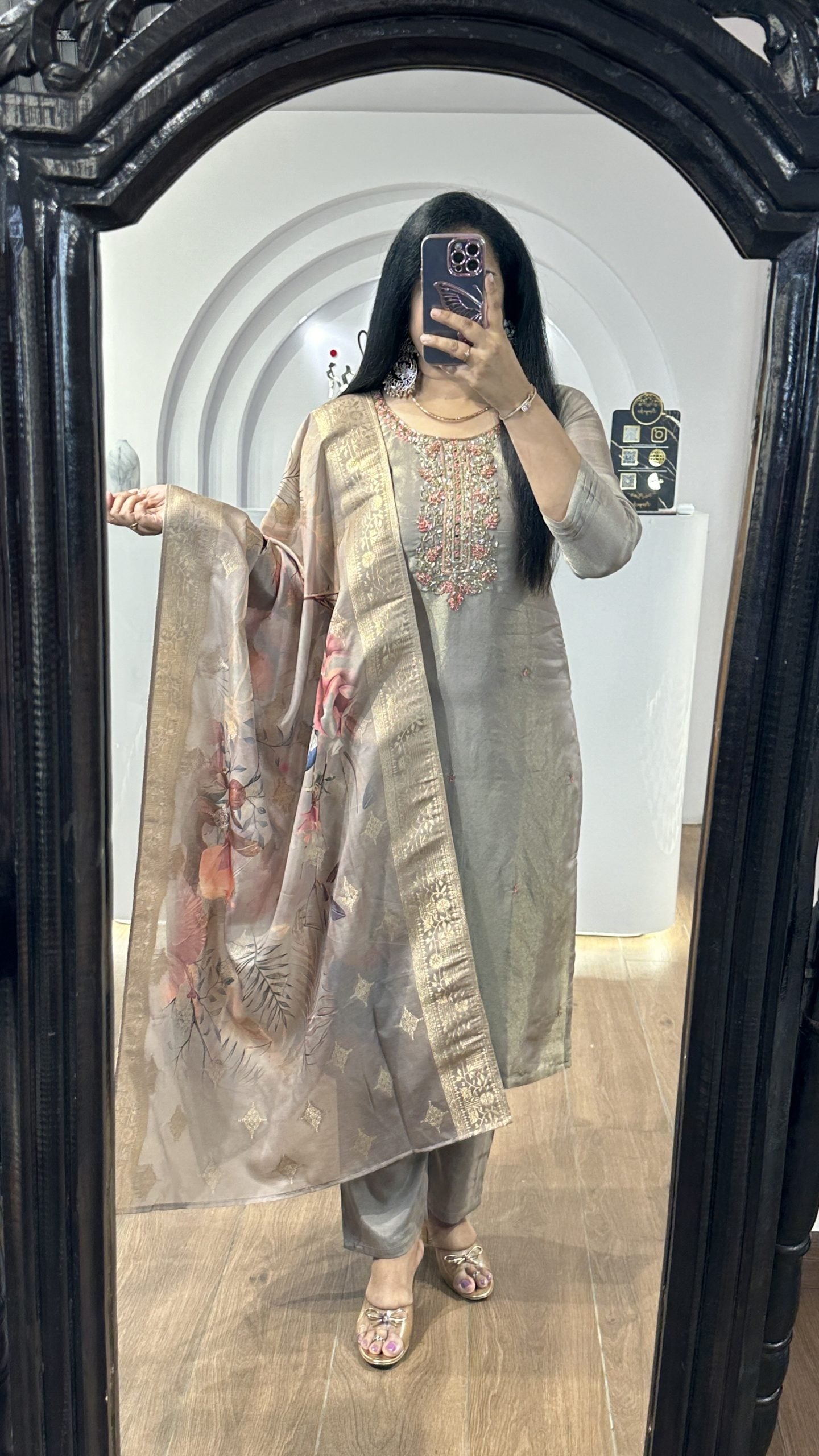 Gray Tissue Kurti With Floral Dupatta