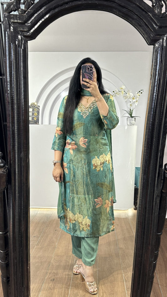 Green tissue V neck kurti with maggam work