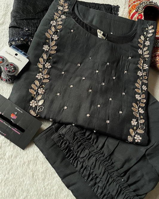 Black Neck work Readymade kurta pant with Dupatta set