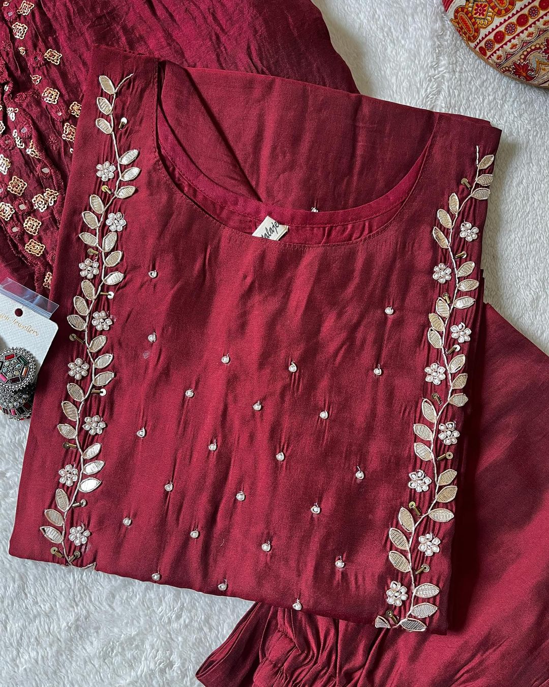 Neck work Readymade kurta pant with Dupatta set