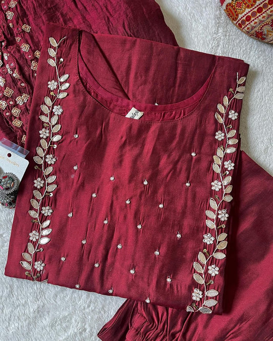 Neck work Readymade kurta pant with Dupatta set