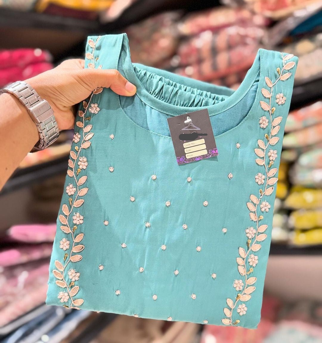 Sky Blue Neck work Readymade kurta pant with Dupatta set