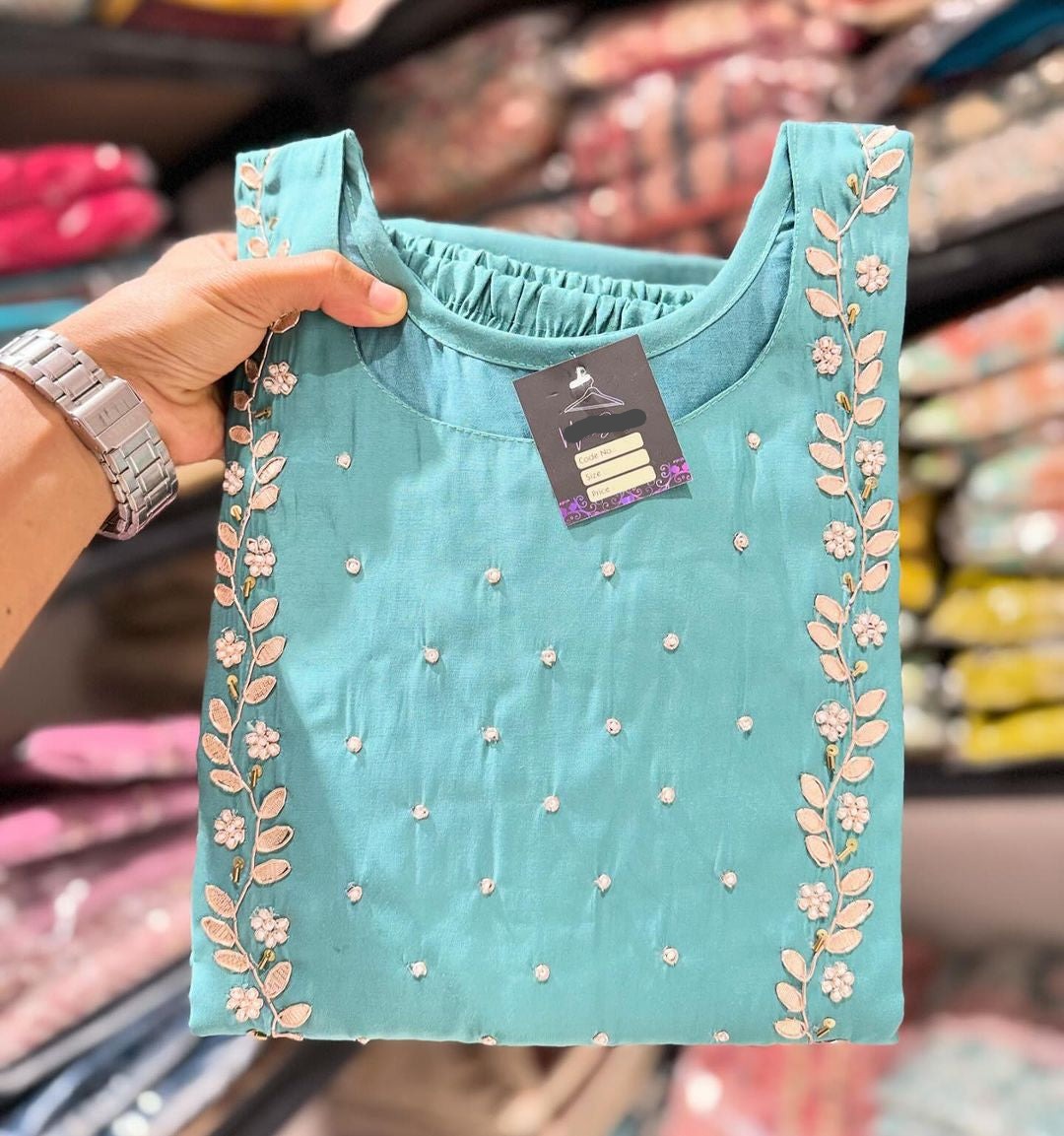Sky Blue Neck work Readymade kurta pant with Dupatta set
