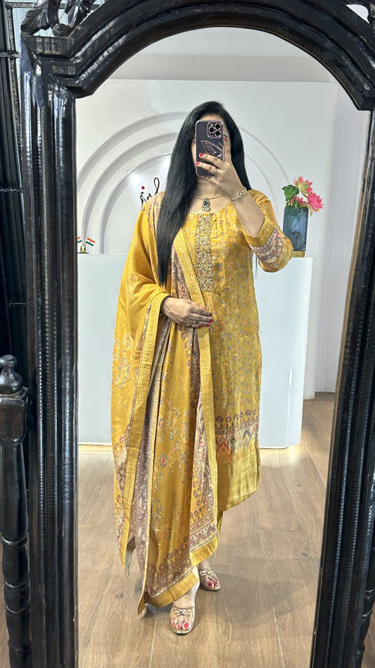 Yellow Handworked Round Neck Kurti (HK14)