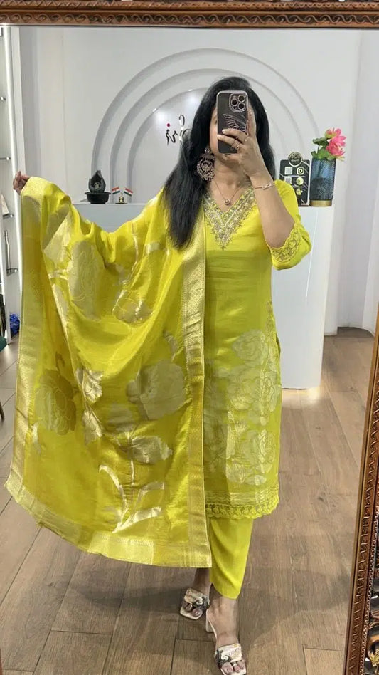 Yellow Tissue Big Floral Handworked Kurti