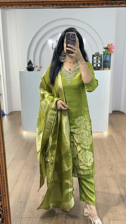 Green Tissue Big Floral Handworked Kurti