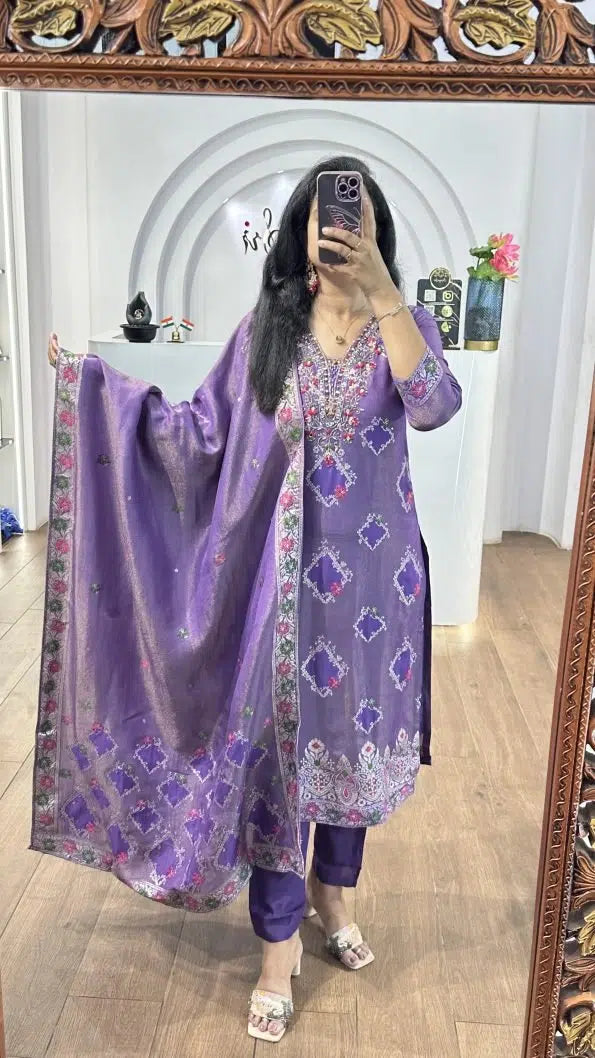 Violet Tissue Floral Handworked Kurti