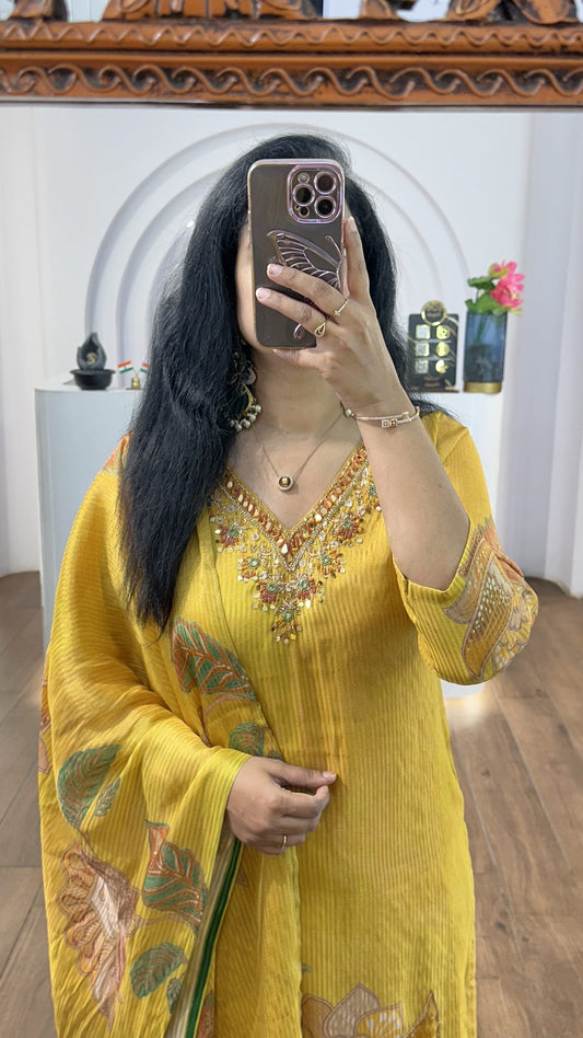 Yellow Tissue Floral Handworked Kurti